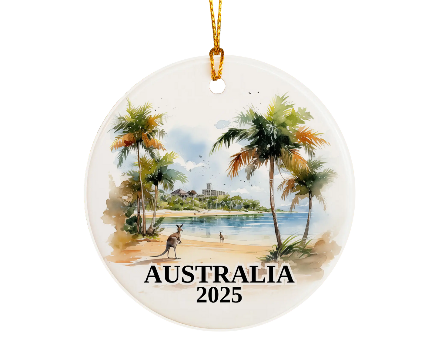 Custom Australia ceramic photo ornament with personalized message – handmade Christmas bauble, gift souvenir, or vacation keepsake.