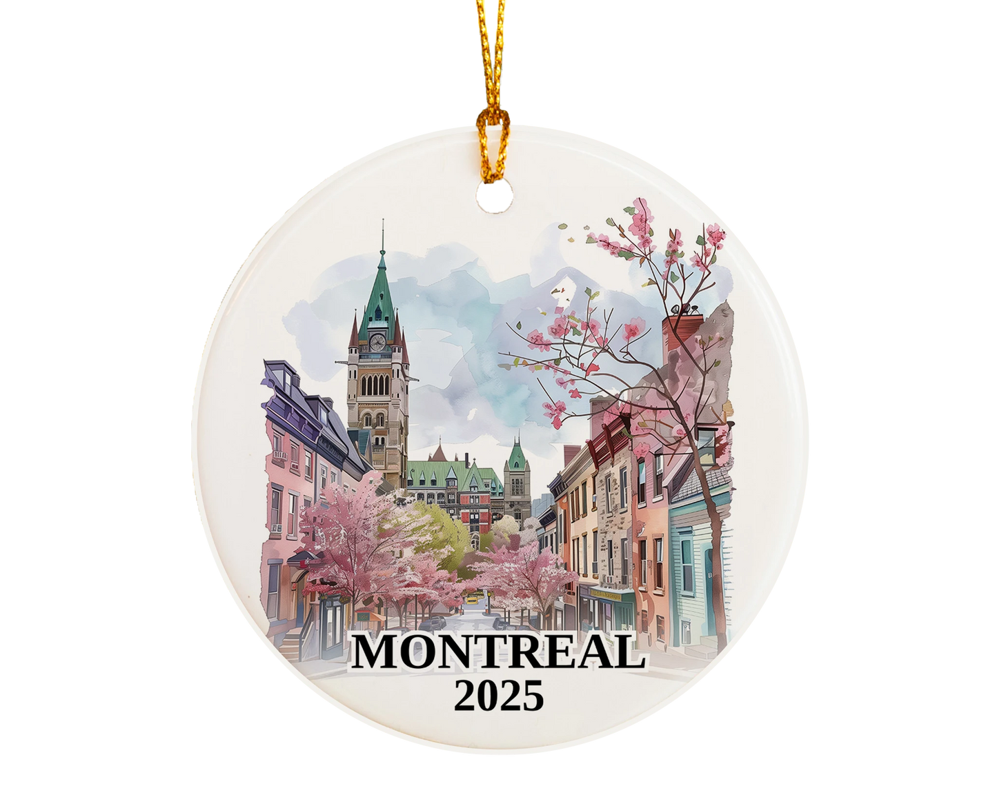 Custom Montreal Quebec ceramic photo ornament with personalized message – handmade Christmas bauble, gift souvenir, or vacation keepsake.