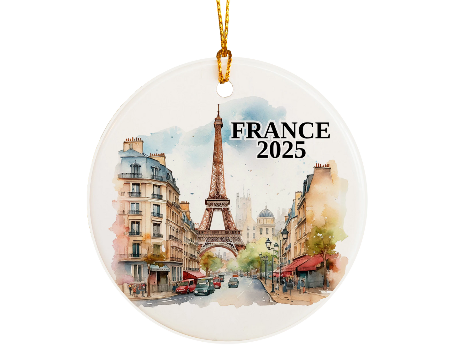 Custom France, Paris in Summer, ceramic photo ornament with personalized message – handmade Christmas bauble, gift souvenir, or vacation keepsake.