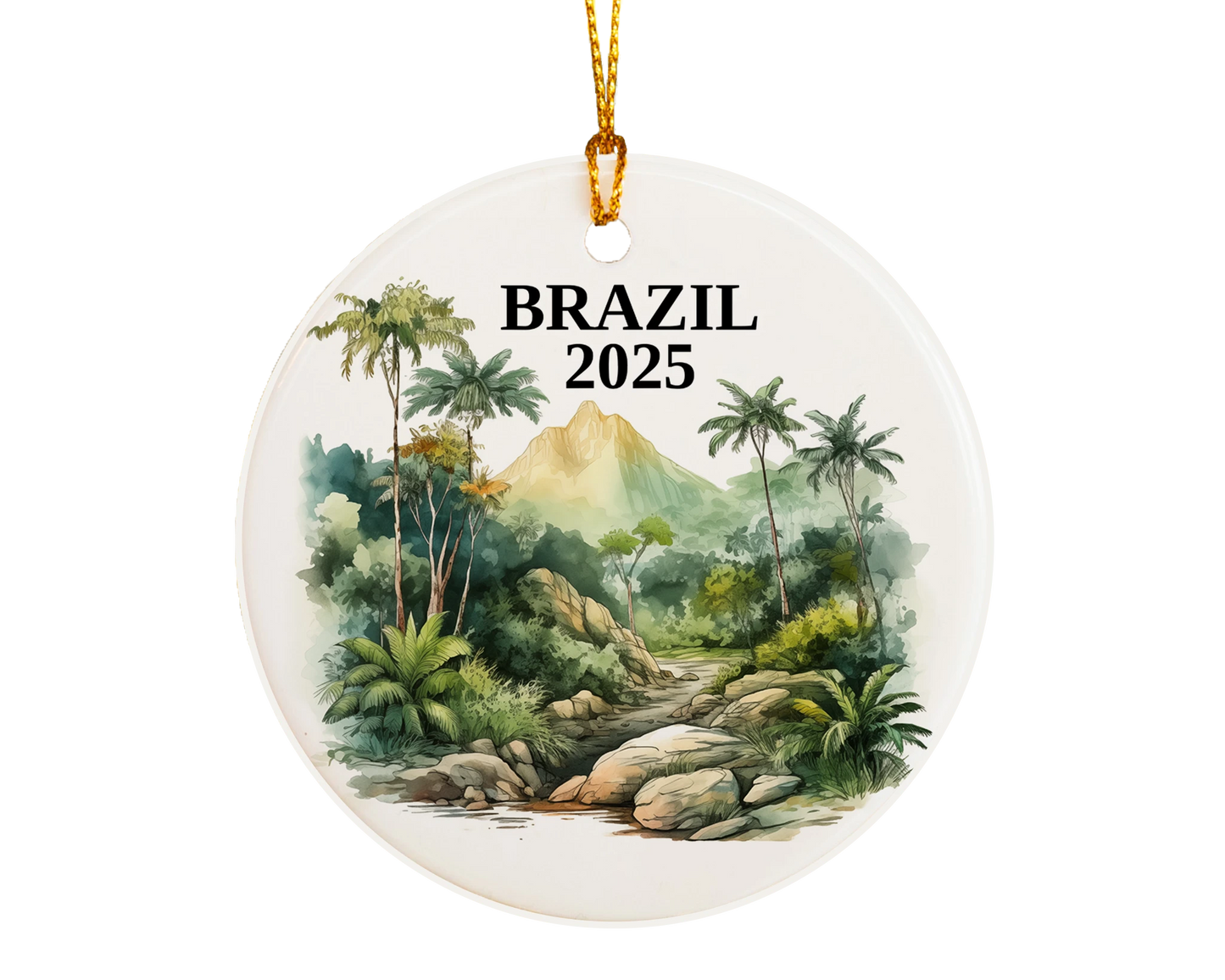 Custom Brazil ceramic photo ornament with personalized message – handmade Christmas bauble, gift souvenir, or vacation keepsake.
