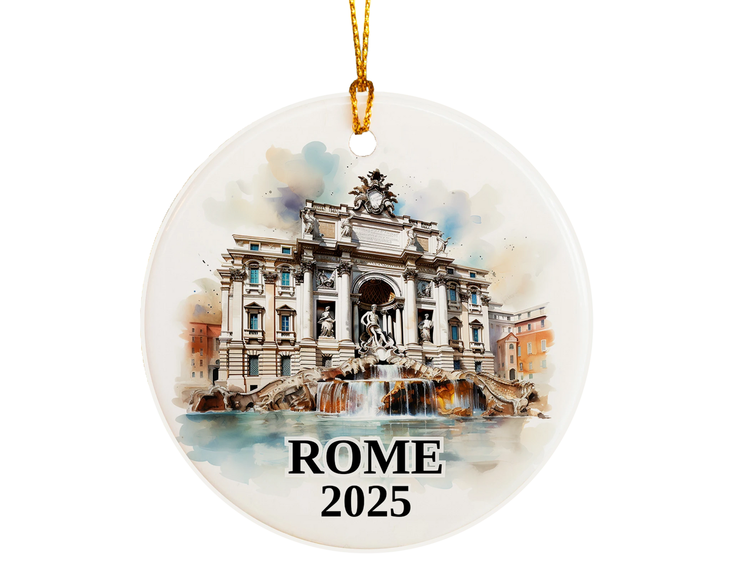 Custom Rome Trevi Fountain ceramic photo ornament with personalized message – handmade Christmas bauble, gift souvenir, or vacation keepsake.