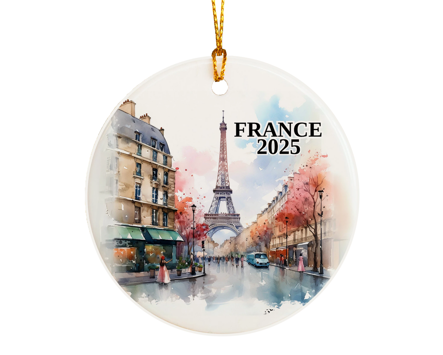 Custom France, Paris in Spring, ceramic photo ornament with personalized message – handmade Christmas bauble, gift souvenir, or vacation keepsake.