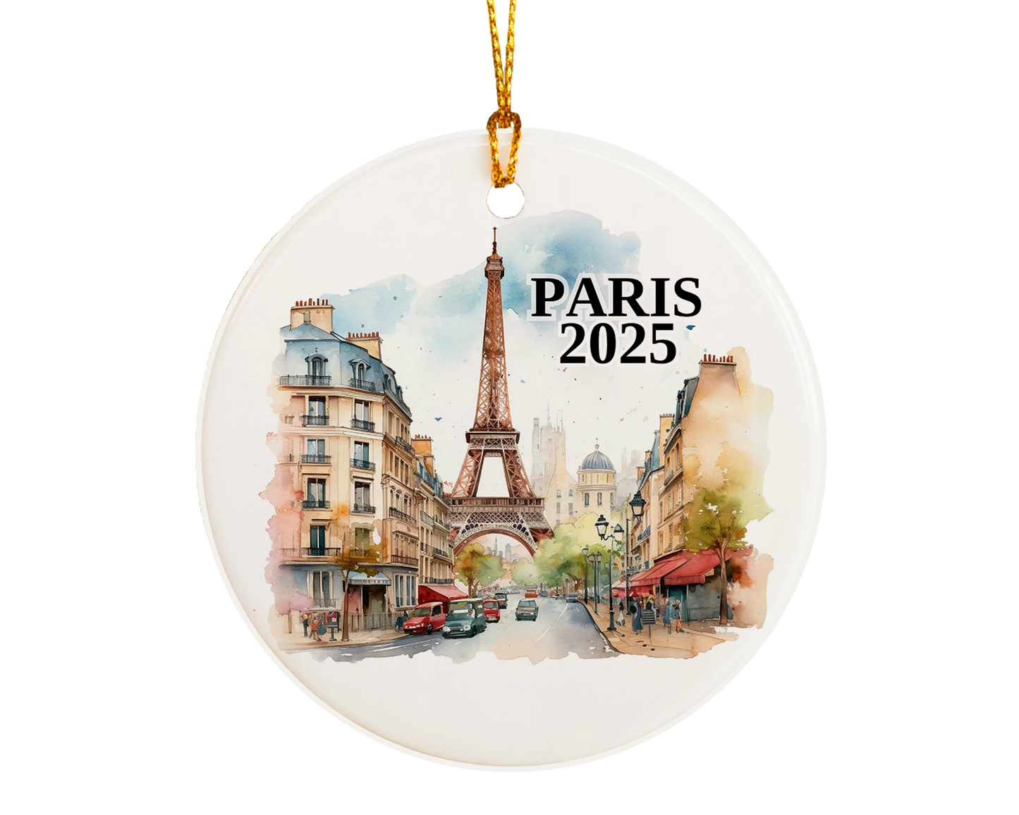 Custom Paris France ceramic photo ornament with personalized message – handmade Christmas bauble, gift souvenir, or vacation keepsake.