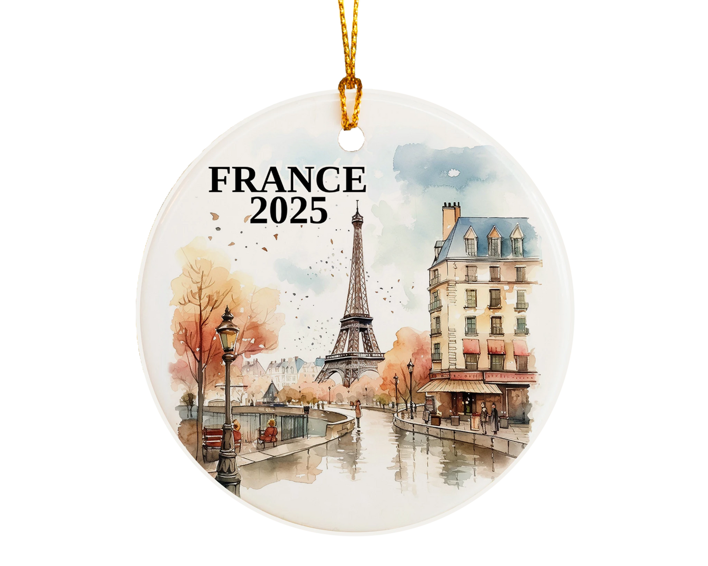 Custom France, Paris in Autumn ceramic photo ornament with personalized message – handmade Christmas bauble, gift souvenir, or vacation keepsake.