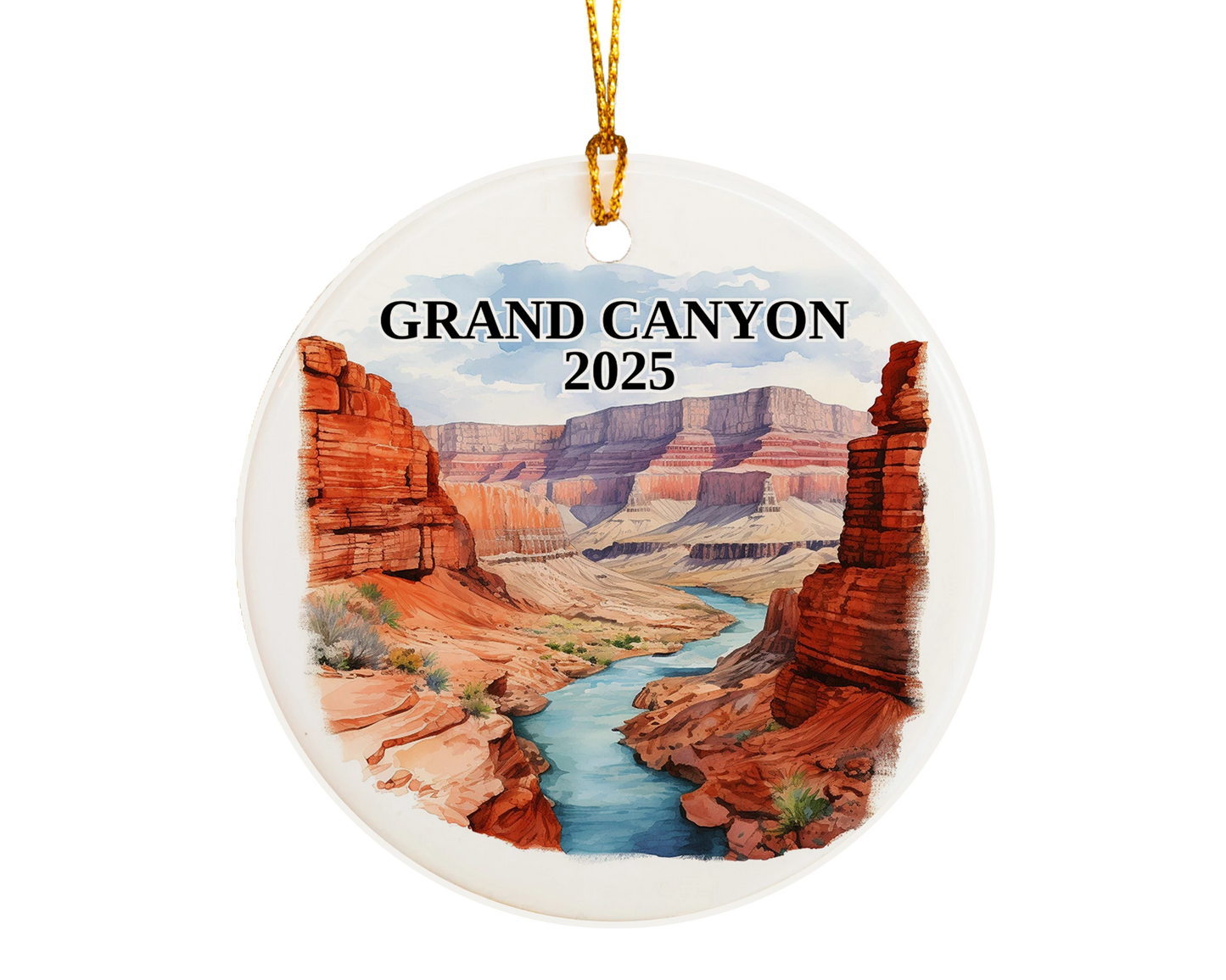 Custom Grand Canyon ceramic photo ornament with personalized message – handmade Christmas bauble, gift souvenir, or vacation keepsake.