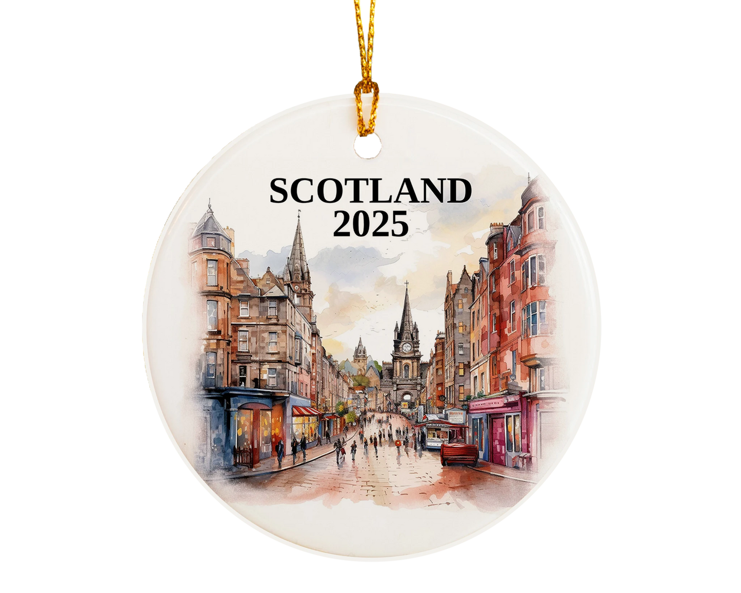 Custom Scotland ceramic photo ornament with personalized message – handmade Christmas bauble, gift souvenir, or vacation keepsake.
