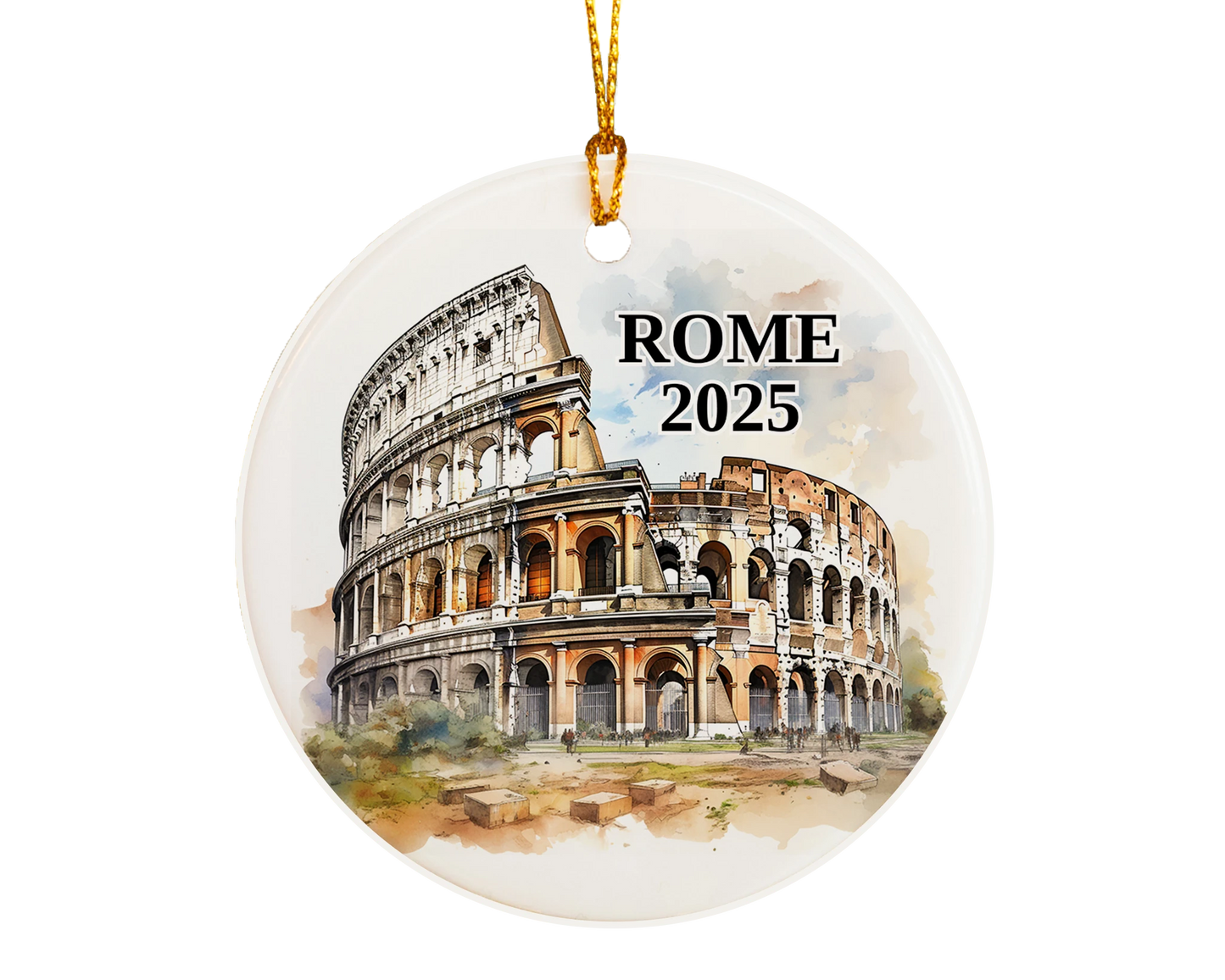 Custom Rome colosseum ceramic photo ornament with personalized message – handmade Christmas bauble, gift souvenir, or vacation keepsake.