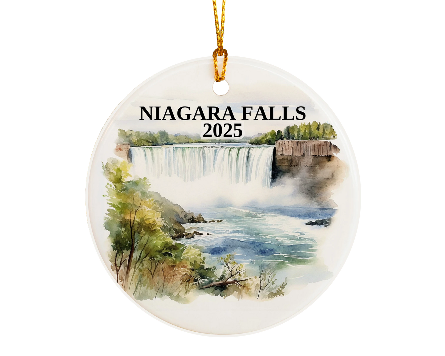 Custom Niagara Falls ceramic photo ornament with personalized message – handmade Christmas bauble, gift souvenir, or vacation keepsake.