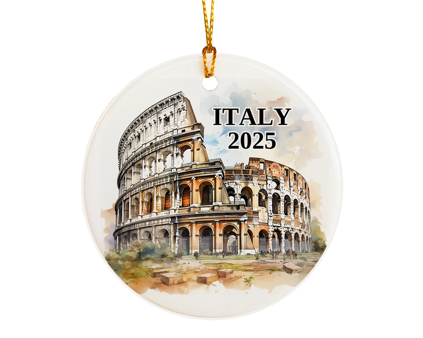 Custom Italy Rome Colosseum ceramic photo ornament with personalized message – handmade Christmas bauble, gift souvenir, or vacation keepsake.