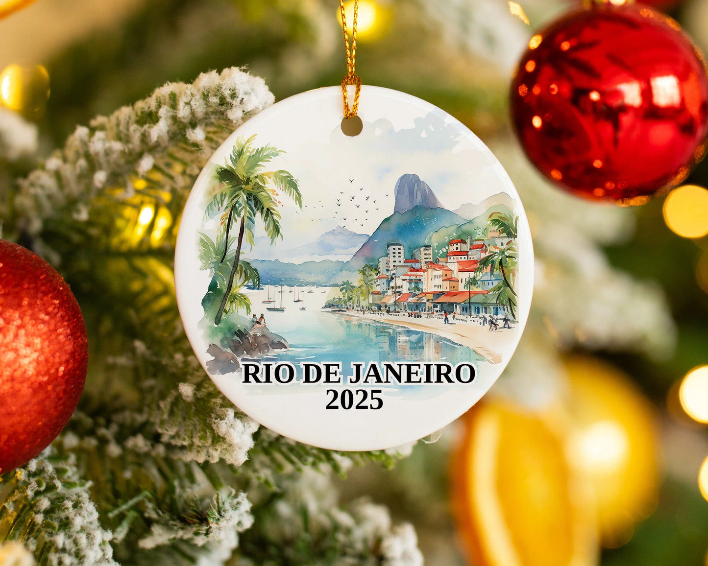 Custom Rio De Janeiro Brazil ceramic photo ornament with personalized message – handmade Christmas bauble, gift souvenir, or vacation keepsake.
