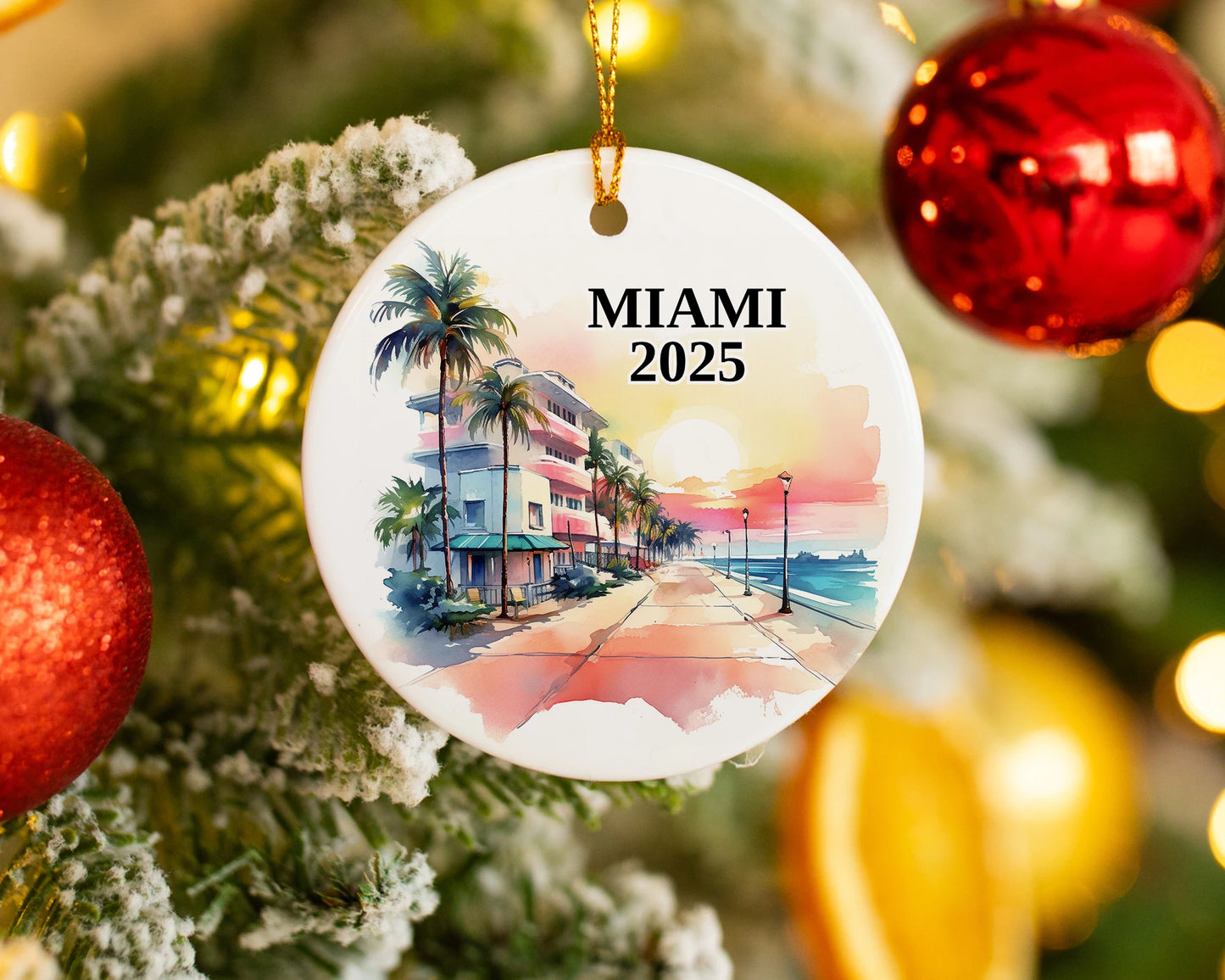 Custom Miami Florida ceramic photo ornament with personalized message – handmade Christmas bauble, gift souvenir, or vacation keepsake.