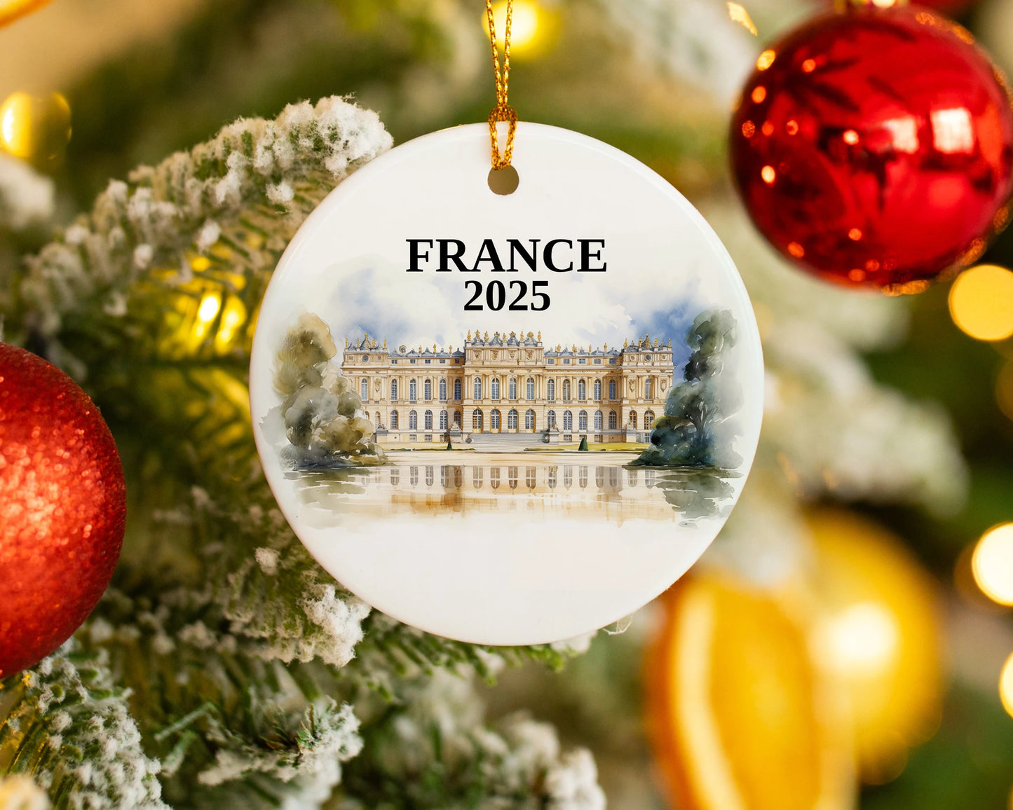 Custom Versailles France ceramic photo ornament with personalized message – handmade Christmas bauble, gift souvenir, or vacation keepsake.