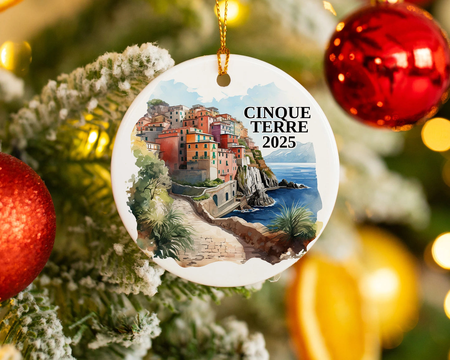 Custom Cinque Terre Italy ceramic photo ornament with personalized message – handmade Christmas bauble, gift souvenir, or vacation keepsake.