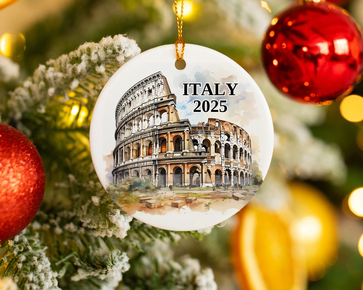 Custom Italy Rome Colosseum ceramic photo ornament with personalized message – handmade Christmas bauble, gift souvenir, or vacation keepsake.