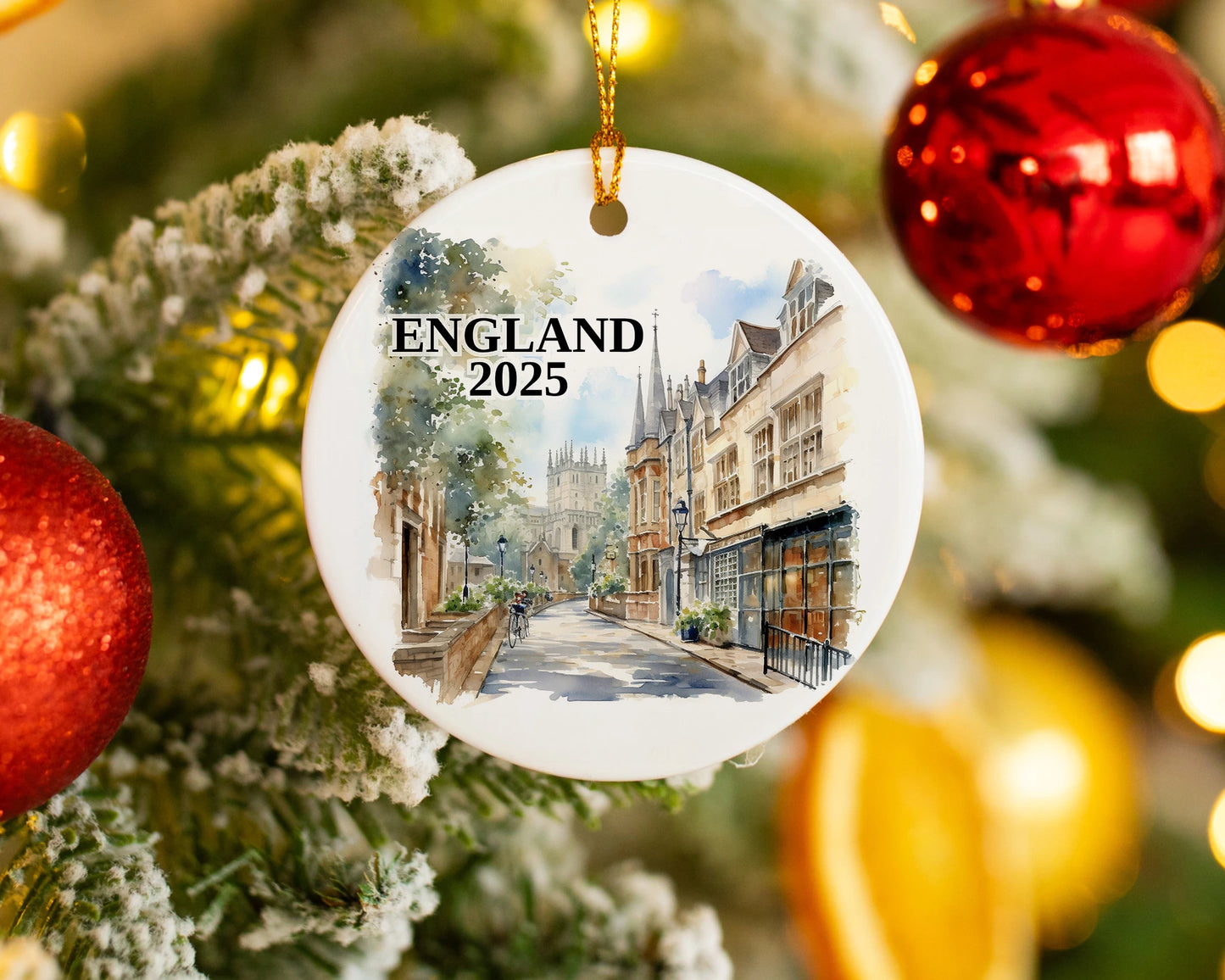 Custom England Oxford ceramic photo ornament with personalized message – handmade Christmas bauble, gift souvenir, or vacation keepsake.