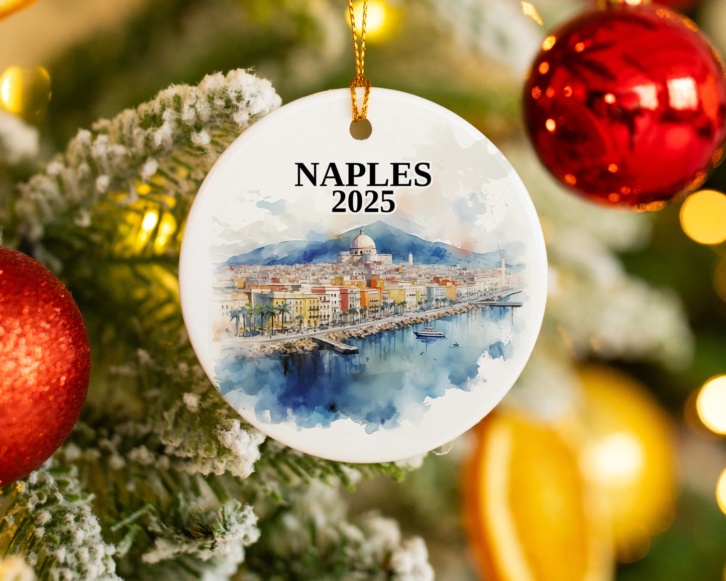 Custom Naples Italy ceramic photo ornament with personalized message – handmade Christmas bauble, gift souvenir, or vacation keepsake.