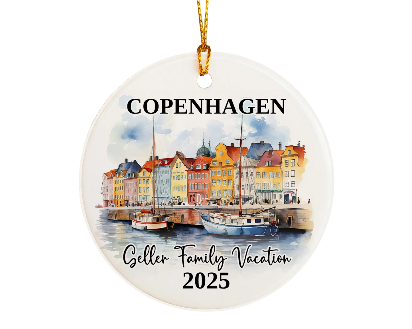 Custom vacation Copenhagen Denmark ceramic photo ornament with personalized message – handmade Christmas bauble, gift souvenir, or vacation keepsake.