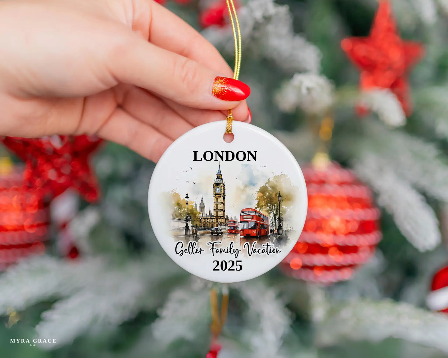 Custom vacation London ceramic photo ornament with personalized message – handmade Christmas bauble, gift souvenir, or vacation keepsake.