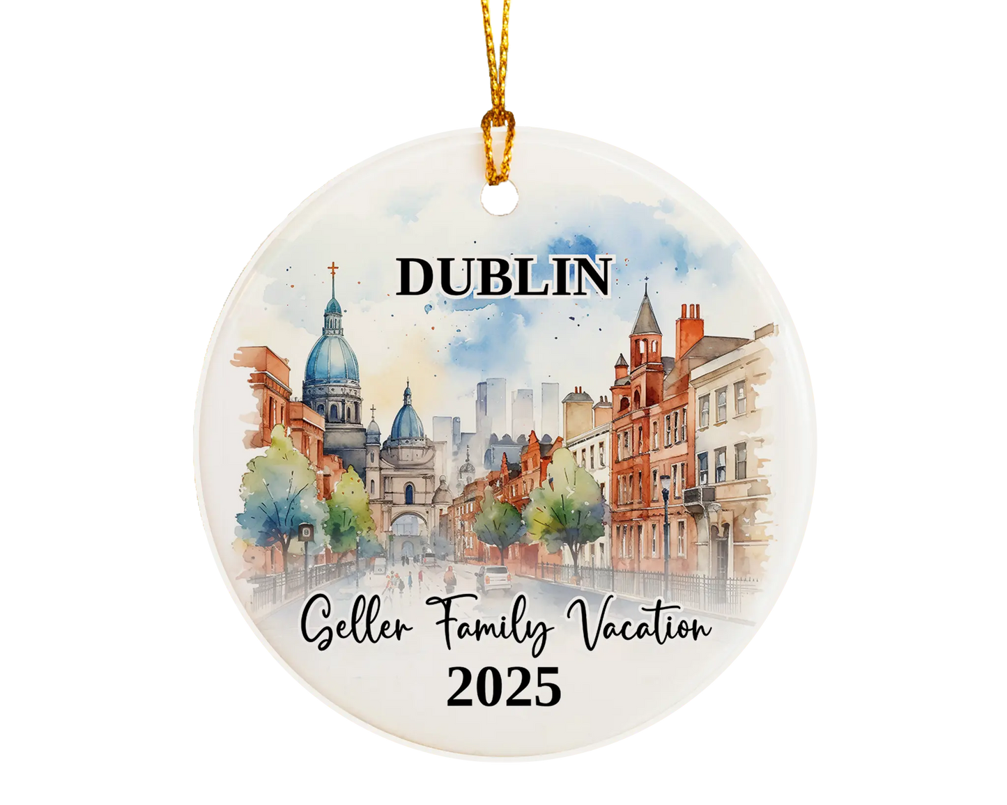 Custom vacation Dublin Ireland ceramic photo ornament with personalized message – handmade Christmas bauble, gift souvenir, or vacation keepsake.