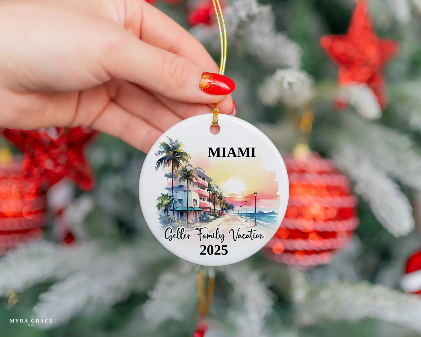 Custom vacation Miami Florida ceramic photo ornament with personalized message – handmade Christmas bauble, gift souvenir, or vacation keepsake.