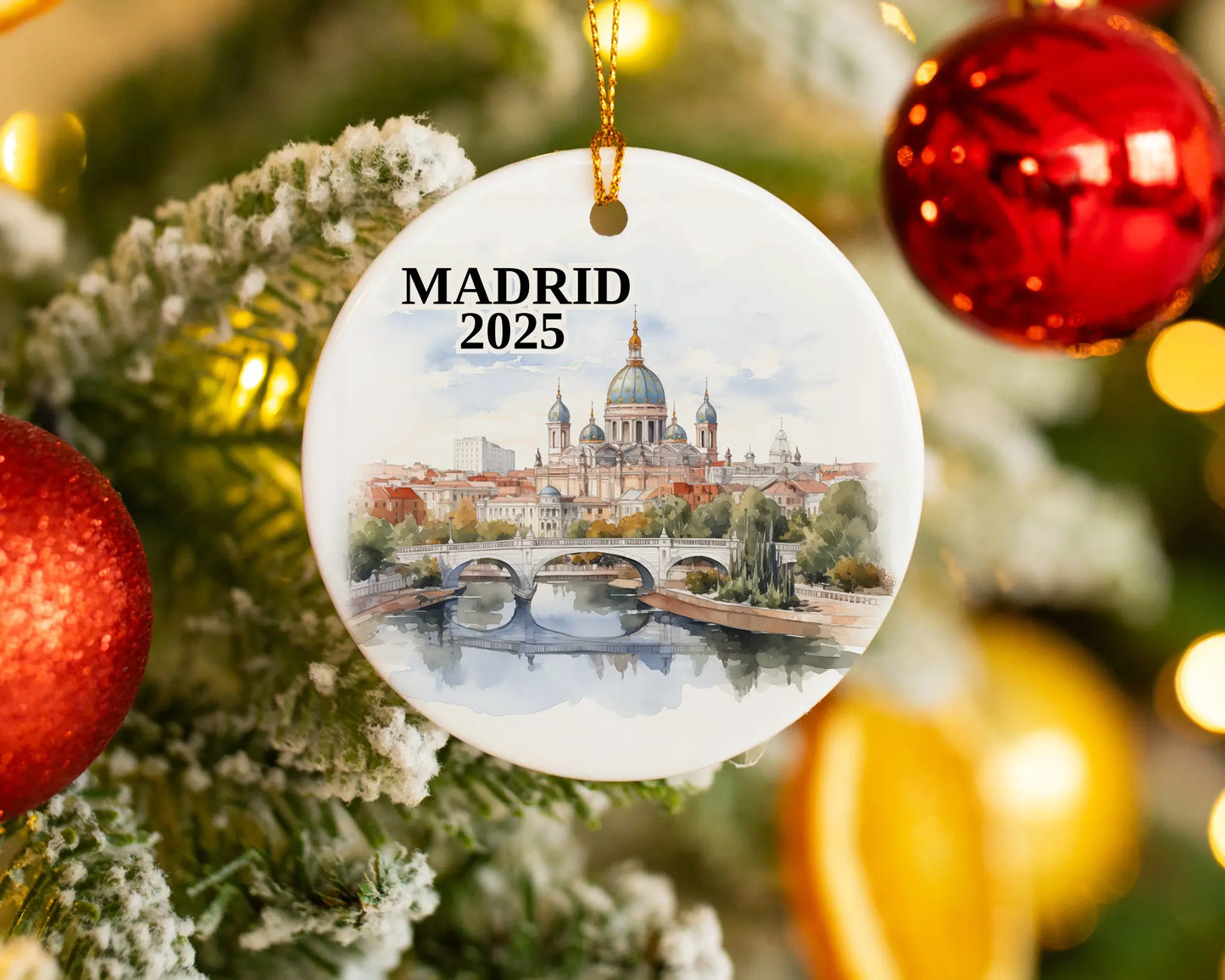 Custom Madrid Spain ceramic photo ornament with personalized message – handmade Christmas bauble, gift souvenir, or vacation keepsake.