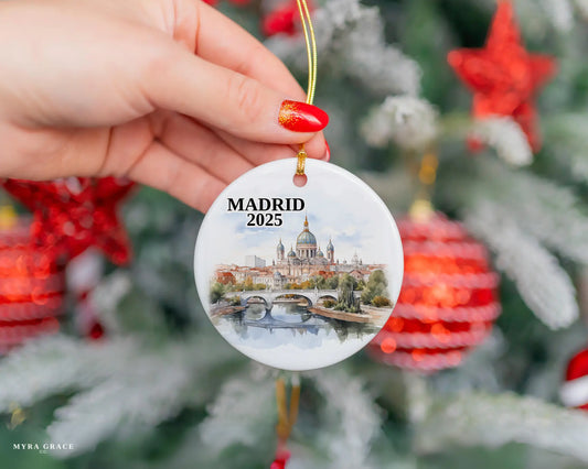 Custom Madrid Spain ceramic photo ornament with personalized message – handmade Christmas bauble, gift souvenir, or vacation keepsake.