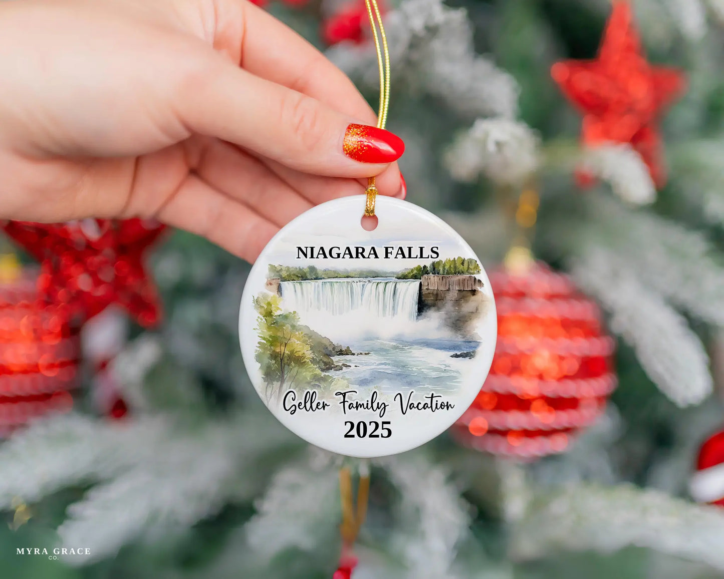 Custom vacation Niagara Falls ceramic photo ornament with personalized message – handmade Christmas bauble, gift souvenir, or vacation keepsake.