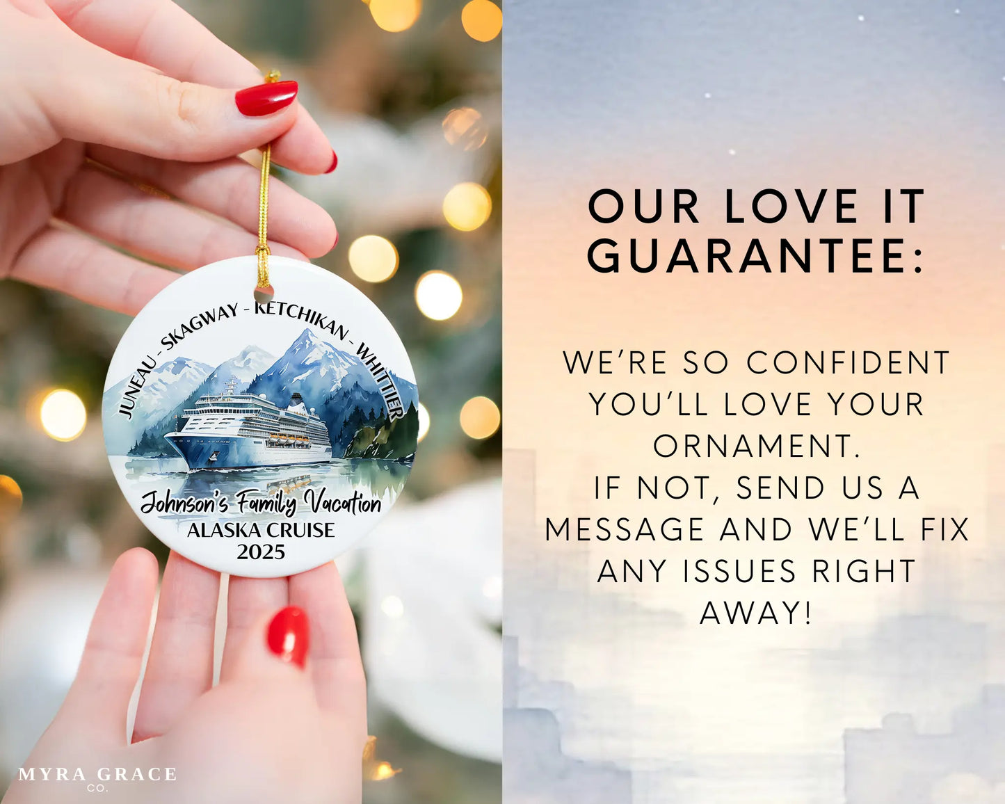 Handmade ceramic Alaska cruise ornament with personalized location and photo – custom Christmas bauble or cruise vacation souvenir. Love it guarantee