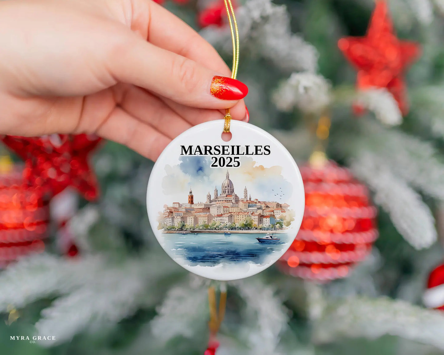 Custom Marseilles France ceramic photo ornament with personalized message – handmade Christmas bauble, gift souvenir, or vacation keepsake.