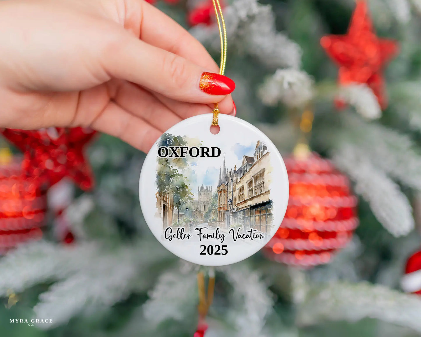 Custom vacation Oxford England ceramic photo ornament with personalized message – handmade Christmas bauble, gift souvenir, or vacation keepsake.