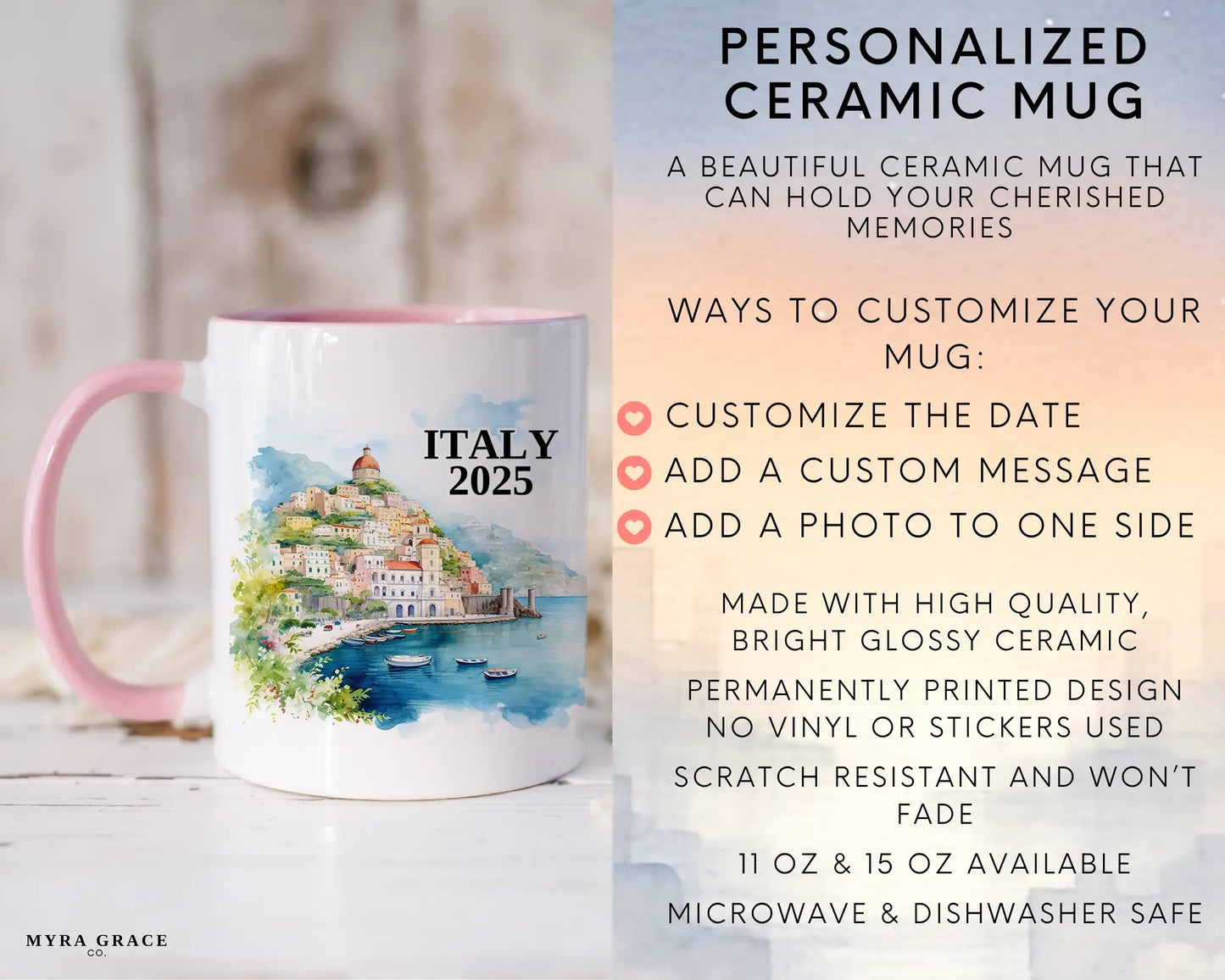 Custom ceramic Italy Amalfi Coast vacation mug with watercolor location design, date, and personal photo – personalized travel gift or photo mug. Infographic