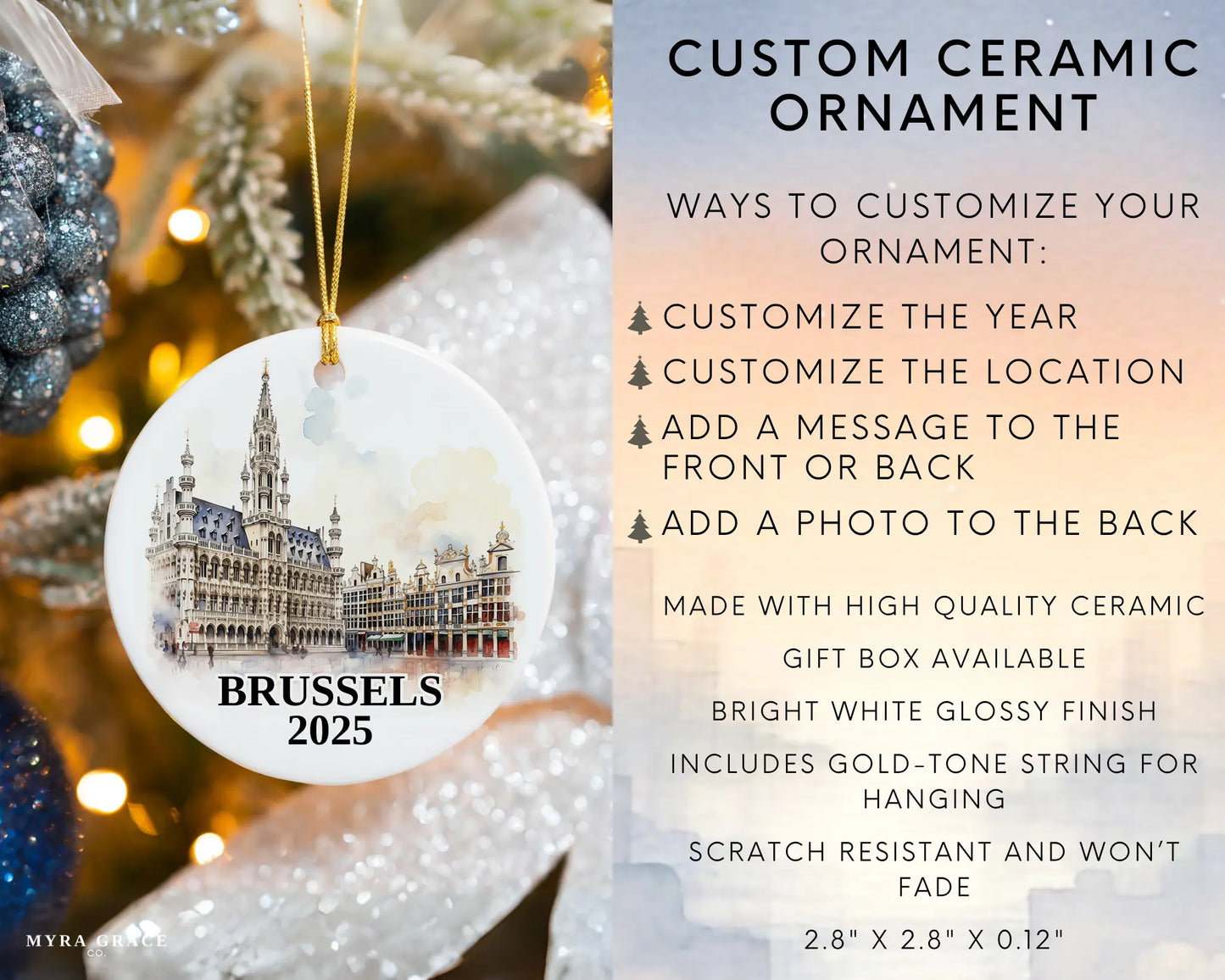 Custom Brussels Belgium ceramic photo ornament with personalized message – handmade Christmas bauble, gift souvenir, or vacation keepsake. Infographic