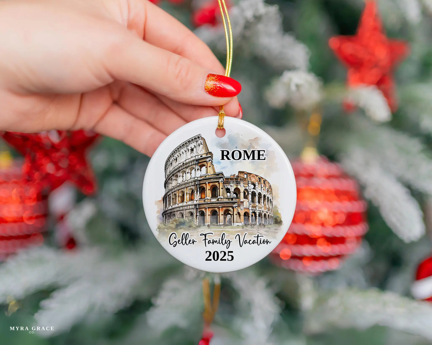 Custom vacation Rome Colosseum ceramic photo ornament with personalized message – handmade Christmas bauble, gift souvenir, or vacation keepsake.