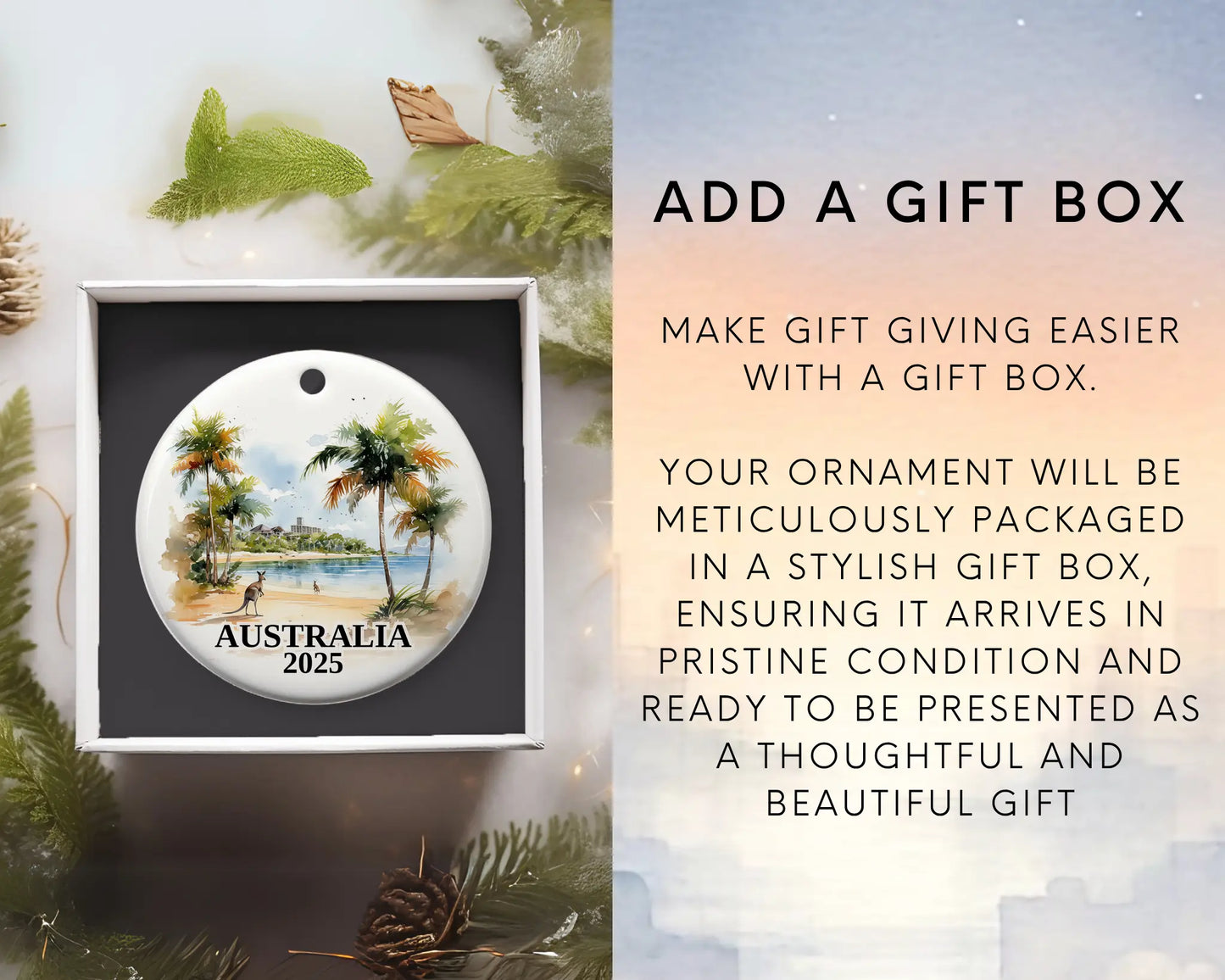 Custom Australia ceramic photo ornament with personalized message – handmade Christmas bauble, gift souvenir, or vacation keepsake. Gift Box