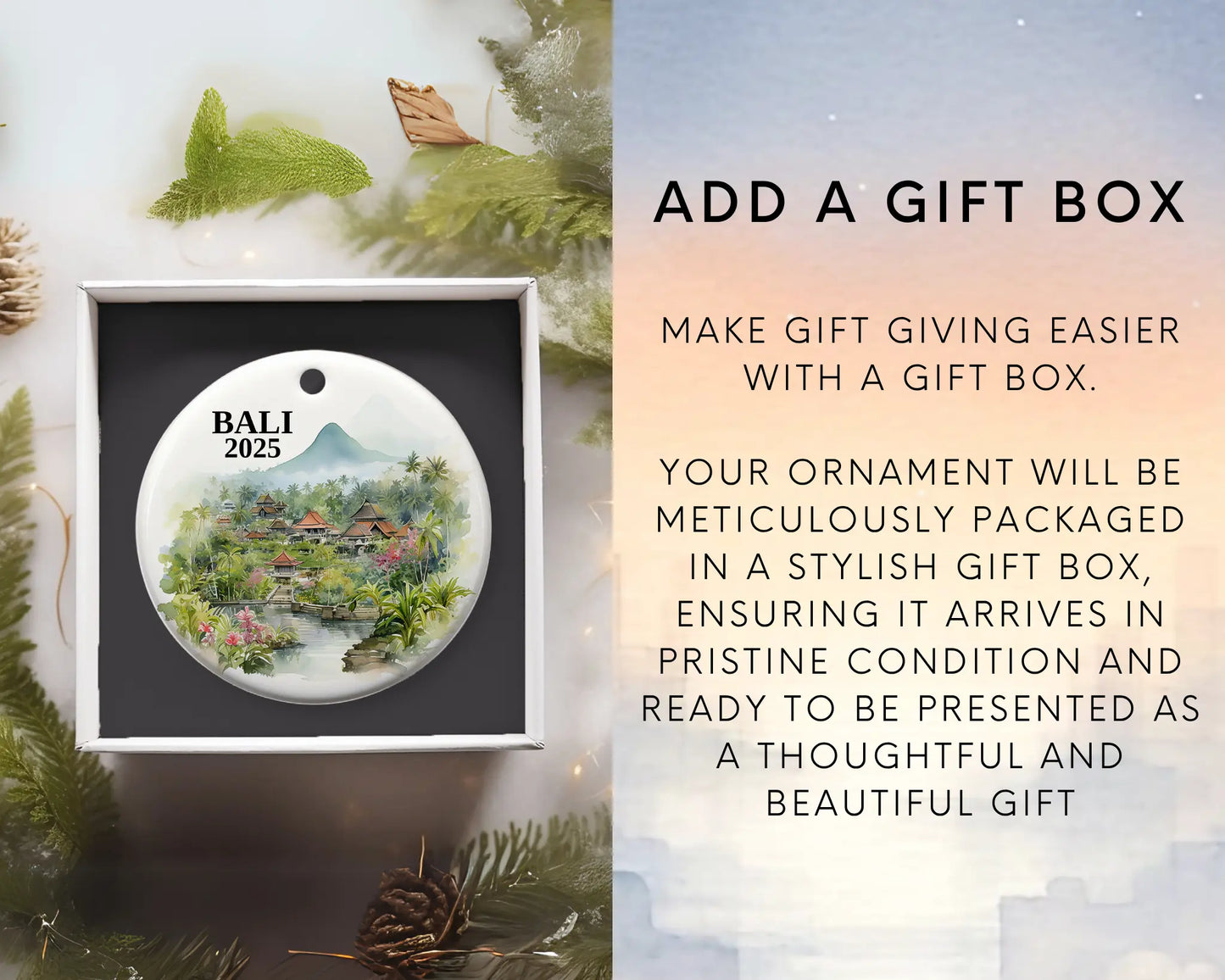Custom Bali ceramic photo ornament with personalized message – handmade Christmas bauble, gift souvenir, or vacation keepsake. Add gift box