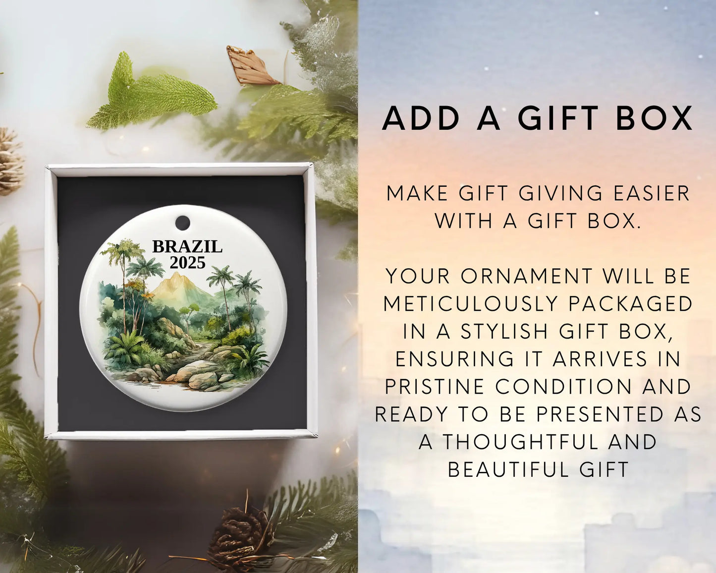 Custom Brazil ceramic photo ornament with personalized message – handmade Christmas bauble, gift souvenir, or vacation keepsake. Add Gift Box