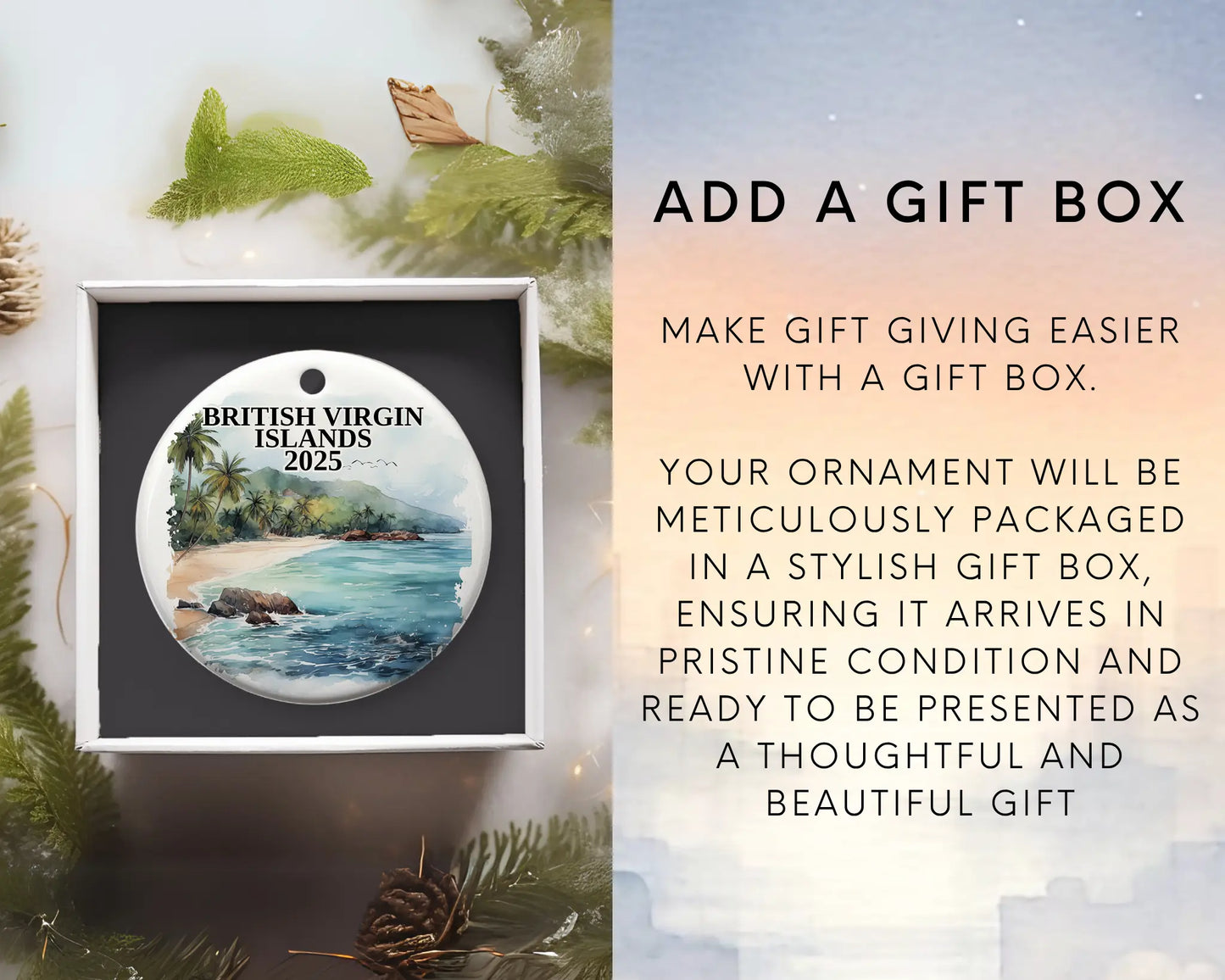 Custom British Virgin Islands ceramic photo ornament with personalized message – handmade Christmas bauble, gift souvenir, or vacation keepsake. Add gift box