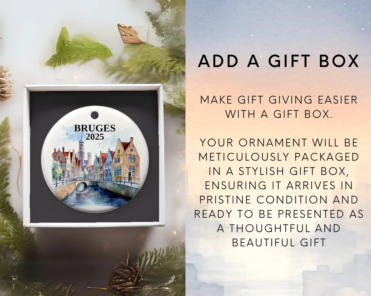 Custom Bruges, Belgium ceramic photo ornament with personalized message – handmade Christmas bauble, gift souvenir, or vacation keepsake. Add gift box