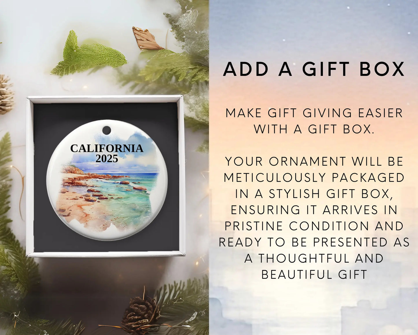 Custom California ceramic photo ornament with personalized message – handmade Christmas bauble, gift souvenir, or vacation keepsake. add gift box