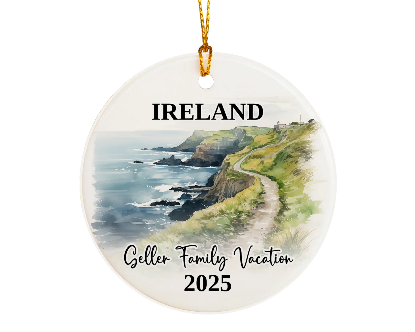 Custom vacation Ireland Cliffs of Moher ceramic photo ornament with personalized message – handmade Christmas bauble, gift souvenir, or vacation keepsake.