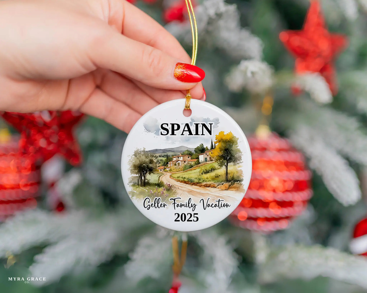 Custom vacation Spain ceramic photo ornament with personalized message – handmade Christmas bauble, gift souvenir, or vacation keepsake.