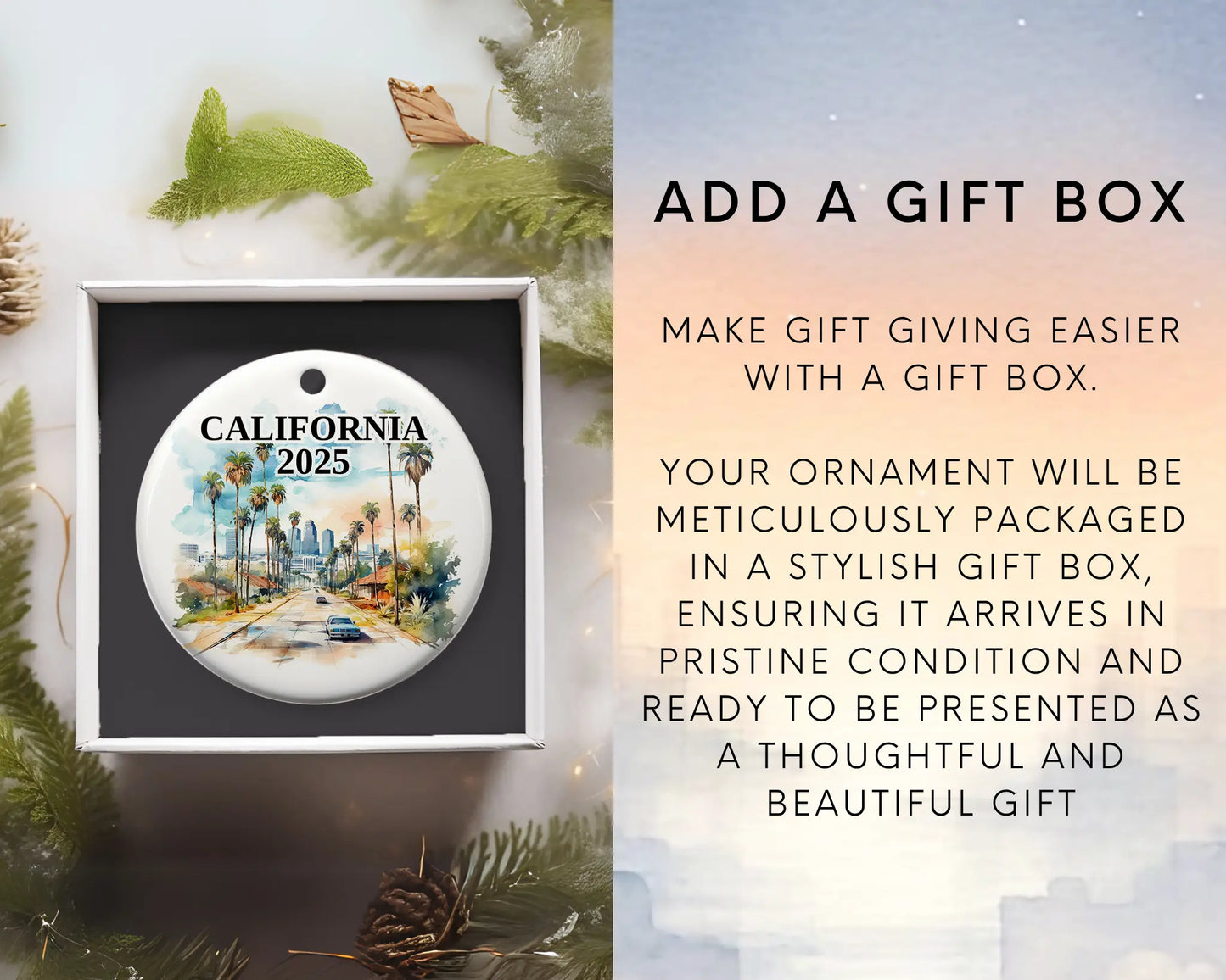 Custom California ceramic photo ornament with personalized message – handmade Christmas bauble, gift souvenir, or vacation keepsake. add gift box