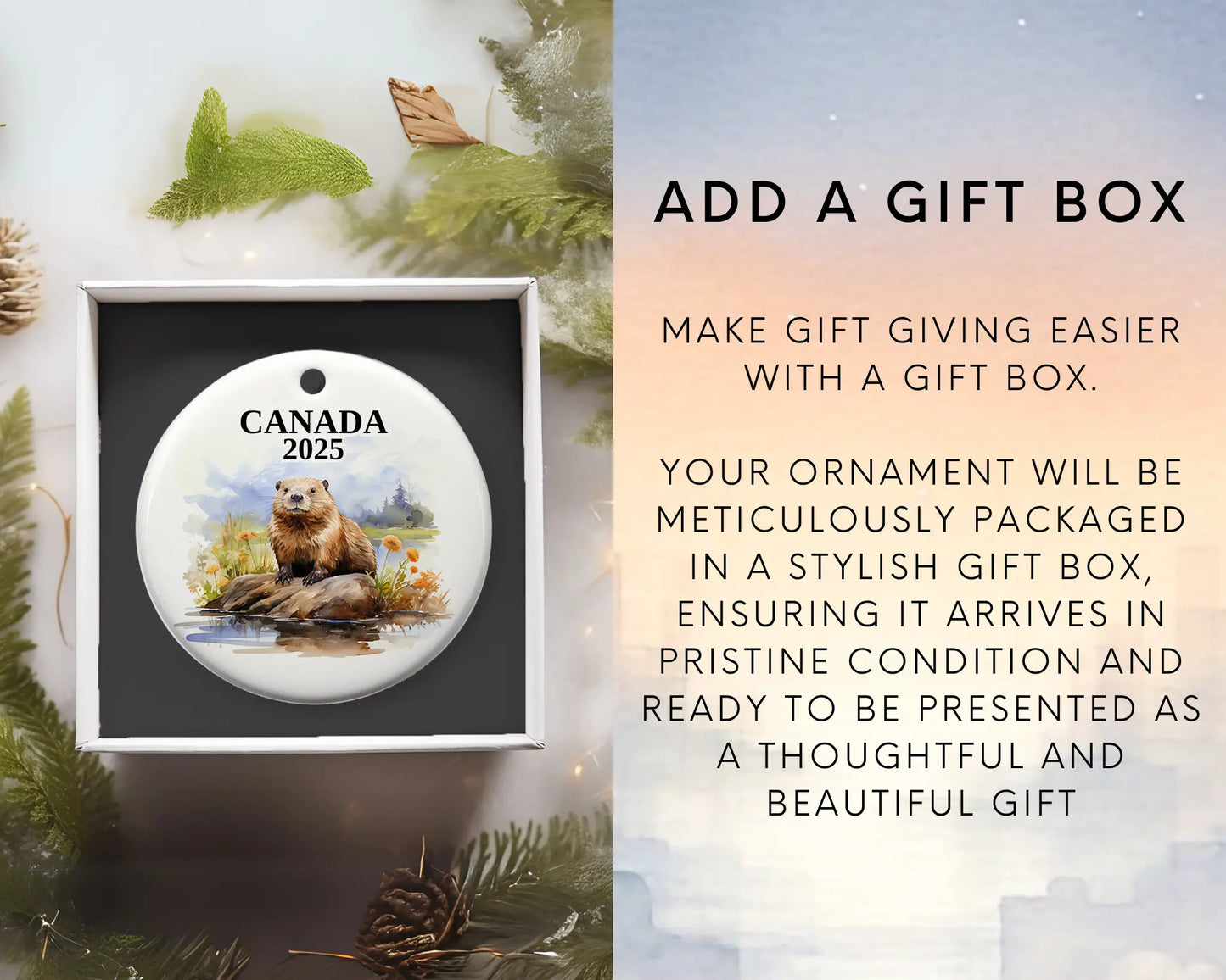 Custom Canada ceramic photo ornament with personalized message – handmade Christmas bauble, gift souvenir, or vacation keepsake. add gift box