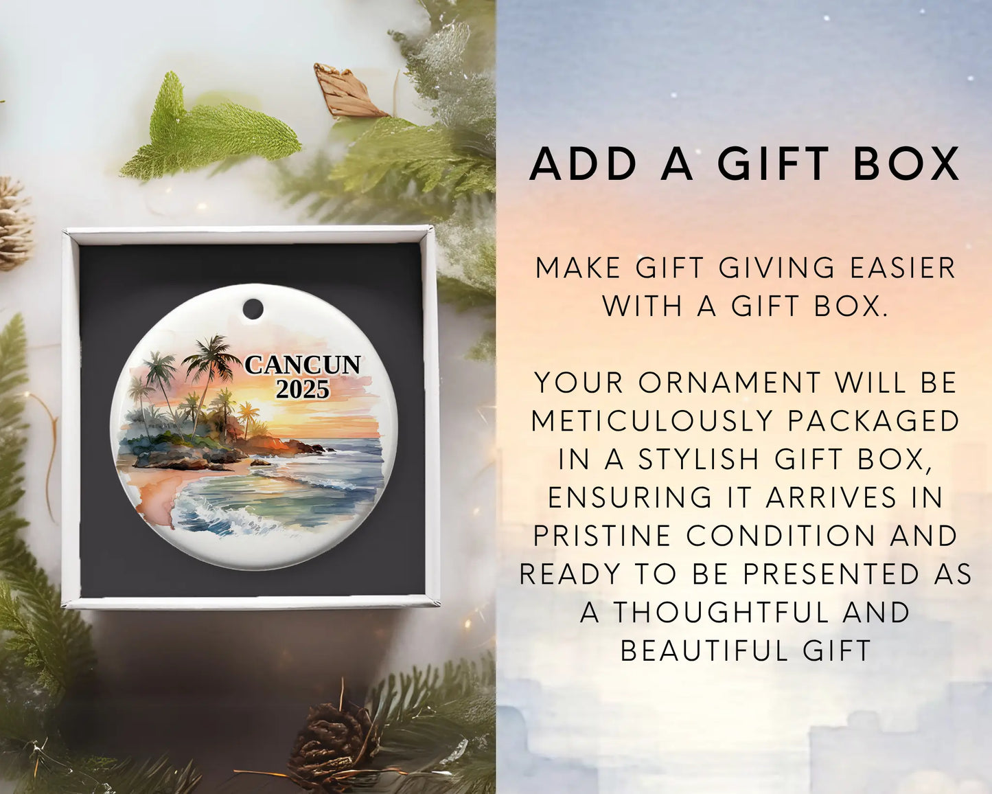 Custom Cancun, Mexico ceramic photo ornament with personalized message – handmade Christmas bauble, gift souvenir, or vacation keepsake. Add gift box