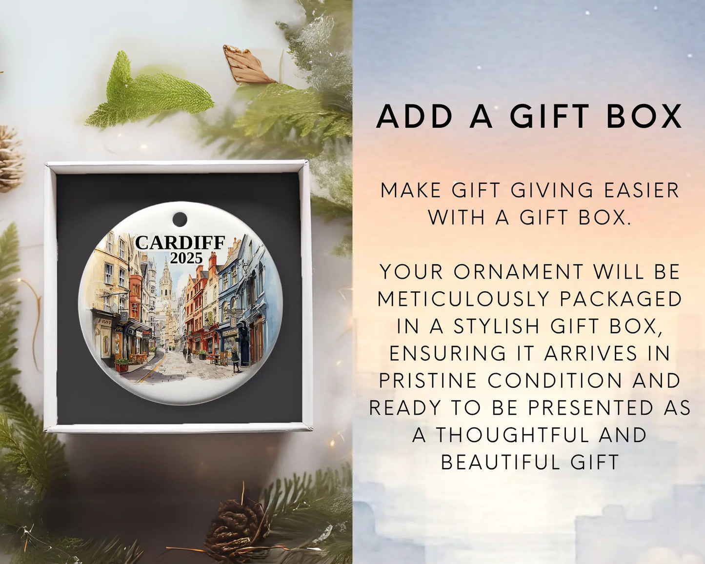 Custom Cardiff Wales ceramic photo ornament with personalized message – handmade Christmas bauble, gift souvenir, or vacation keepsake. Add gift box