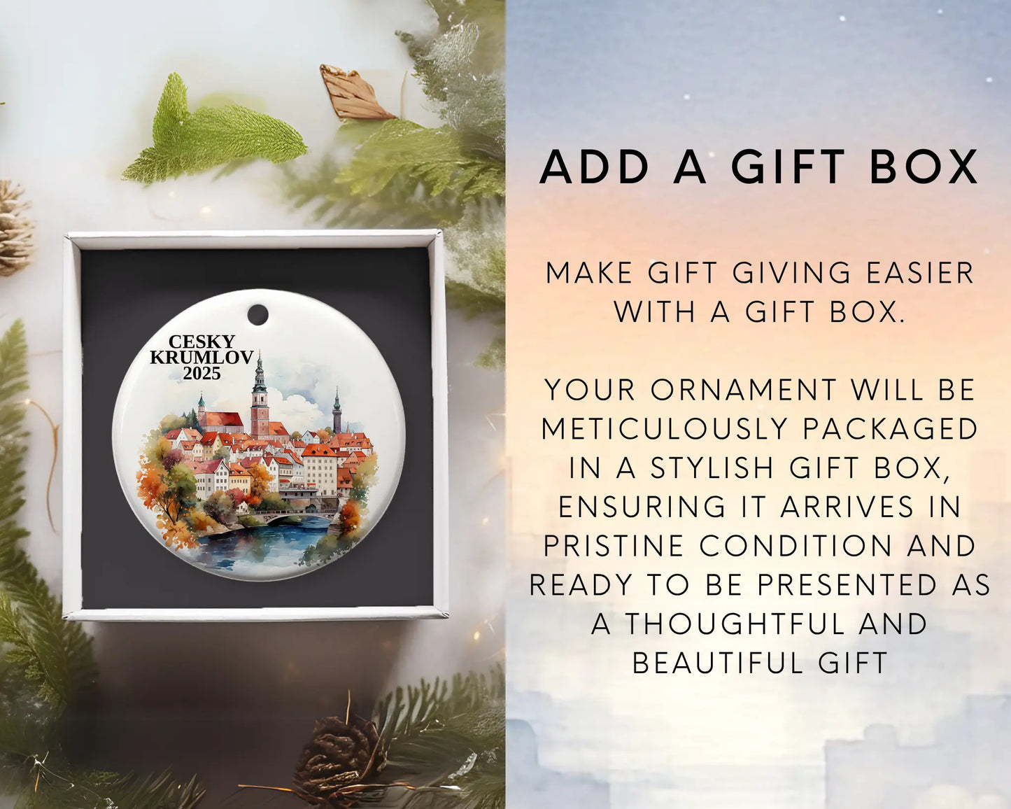 Custom Cesky Krumlov Czech Republic ceramic photo ornament with personalized message – handmade Christmas bauble, gift souvenir, or vacation keepsake. Add gift box
