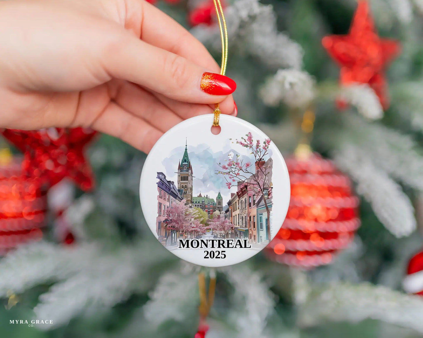 Custom Montreal Quebec ceramic photo ornament with personalized message – handmade Christmas bauble, gift souvenir, or vacation keepsake.
