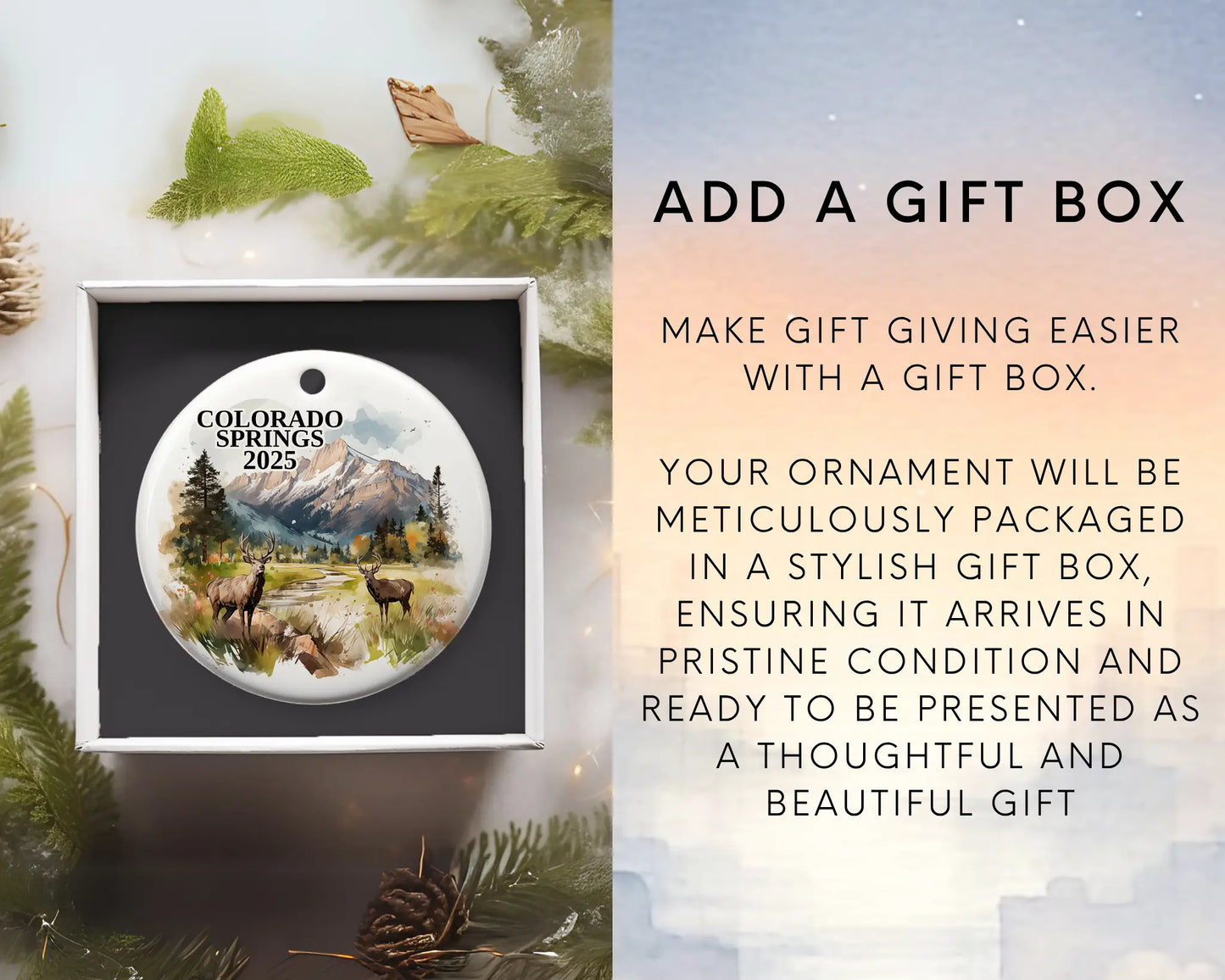 Custom Colorado Springs ceramic photo ornament with personalized message – handmade Christmas bauble, gift souvenir, or vacation keepsake. Add gift box