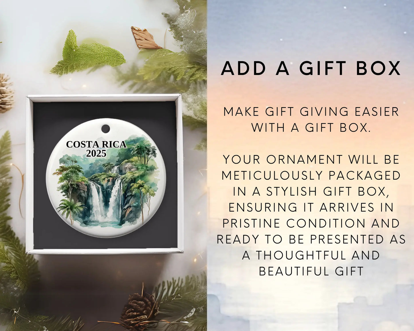 Custom Costa Rica ceramic photo ornament with personalized message – handmade Christmas bauble, gift souvenir, or vacation keepsake. Add gift box