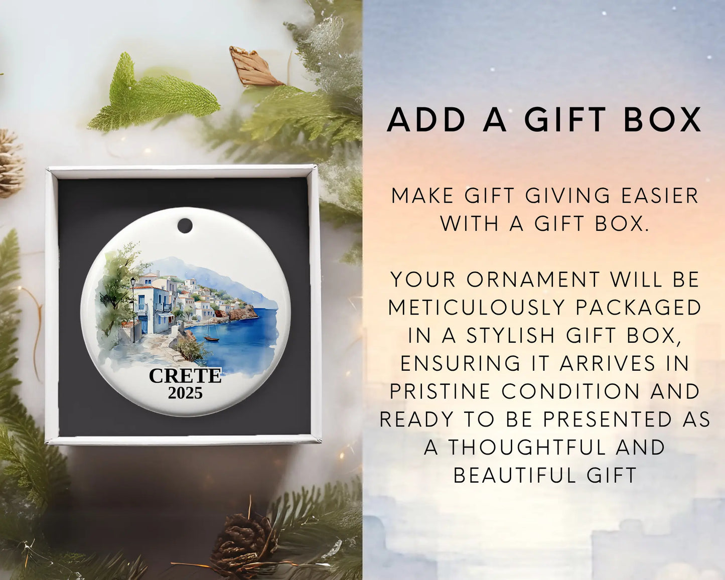 Custom Crete ceramic photo ornament with personalized message – handmade Christmas bauble, gift souvenir, or vacation keepsake. Add gift box